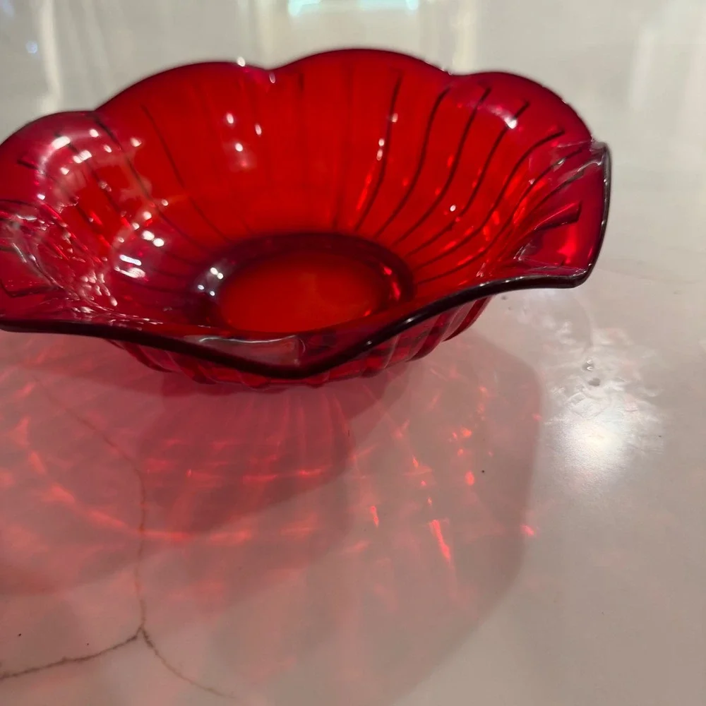 Fenton Ruby Red Ribbed Glass Bowl Scalloped Edge Fluted Mid-Century Modern